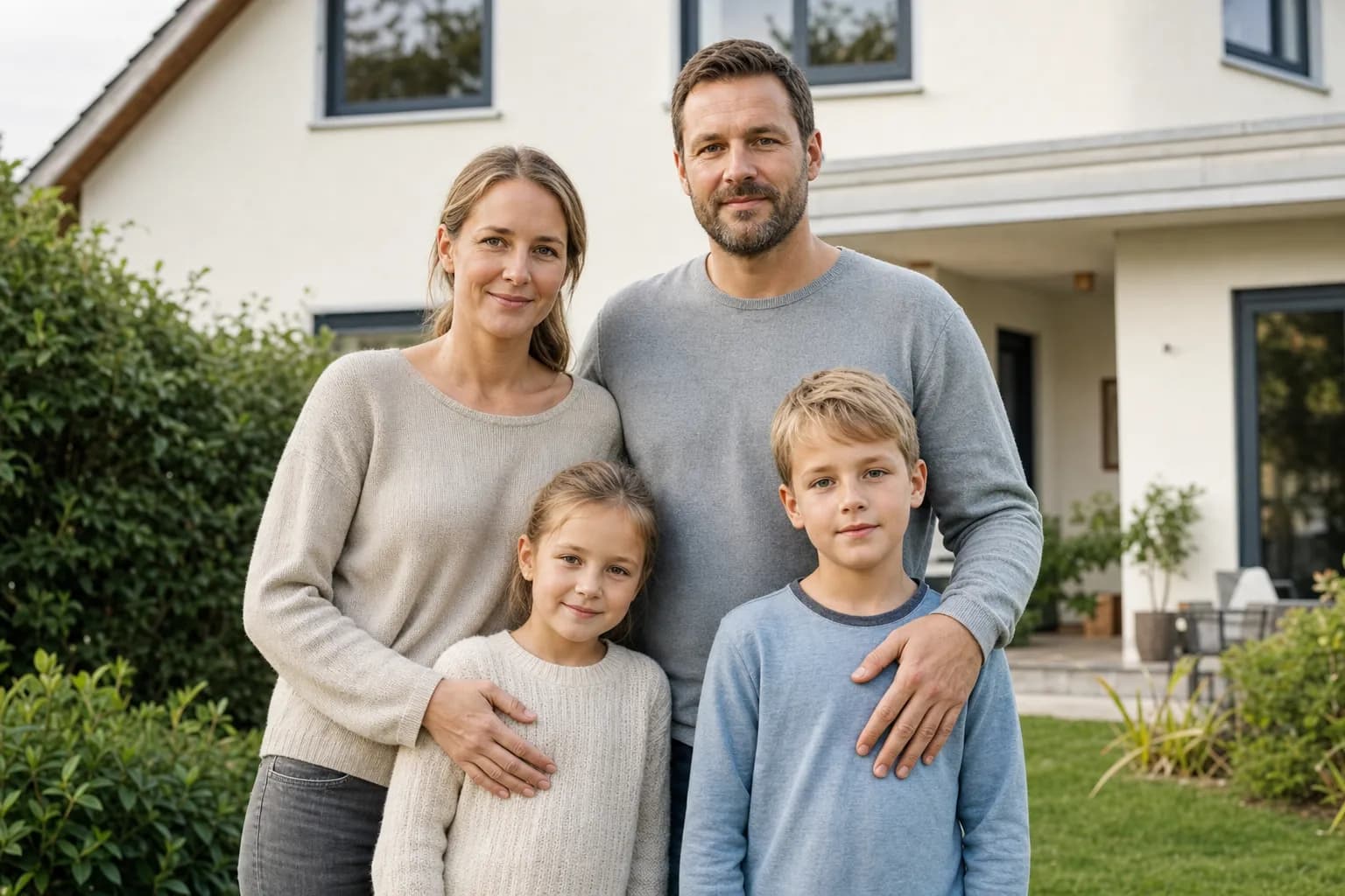 Familie vor ihrem Wohnhaus — Privatkunden im Wohnbereich